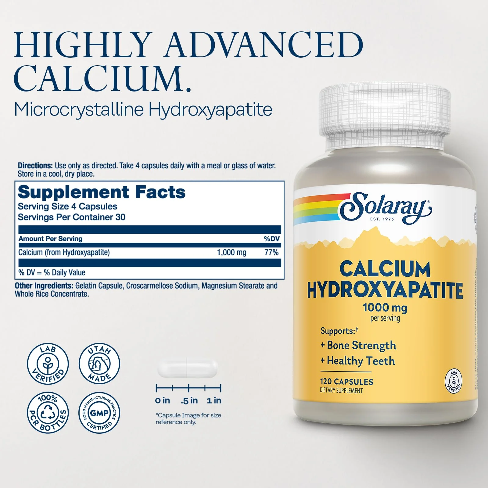 Solaray Calcium Hydroxyapatite 1000mg - Calcium Supplements for Women & Men, Hydroxyapatite Powder Capsules, Healthy Teeth and Bone Support - 120 Capsules - Image 2