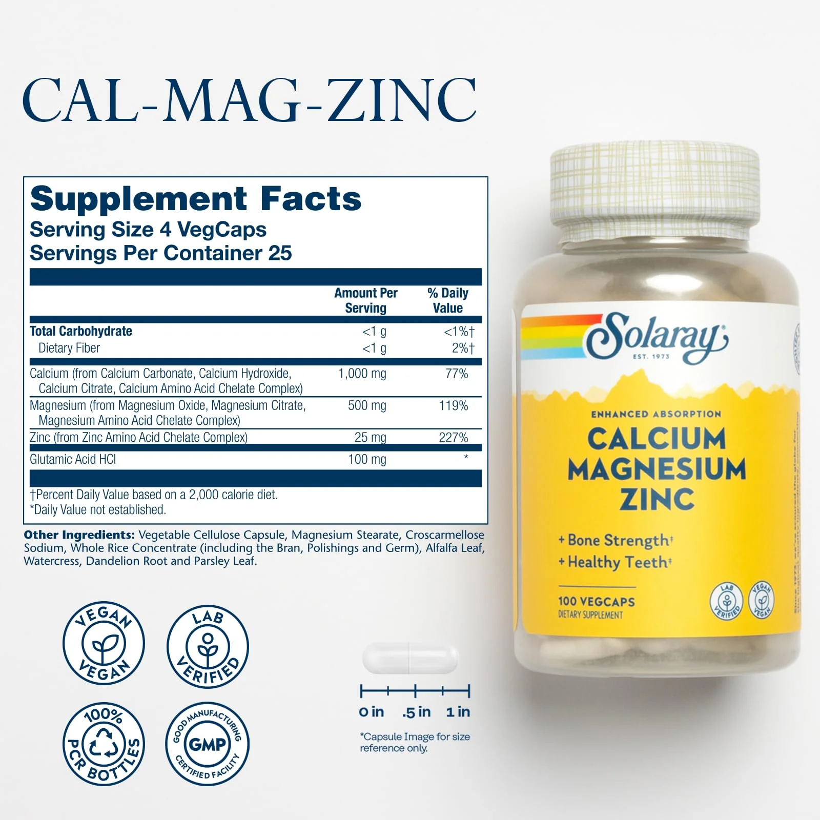 SOLARAY Calcium Magnesium Zinc Supplement - with Calcium 1000mg, Magnesium 500mg - Bone Health, Muscle Function, Heart Health and Immune Support - Vegan, 60 Day Guarantee, 25 Servings, 100 VegCaps - Image 6