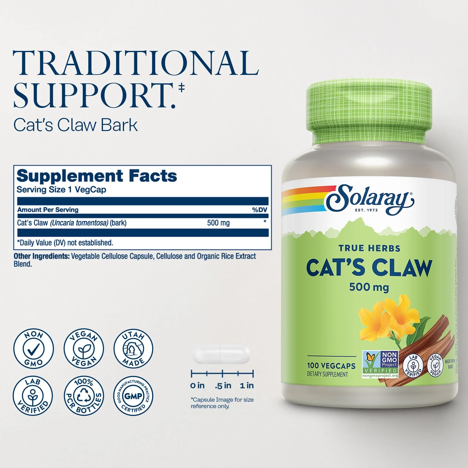 SOLARAY Cat's Claw Bark 500mg | Healthy Immune & Digestive System Function Support | May Help Protect Brain Function | Joint Health Support | 100ct - Image 2