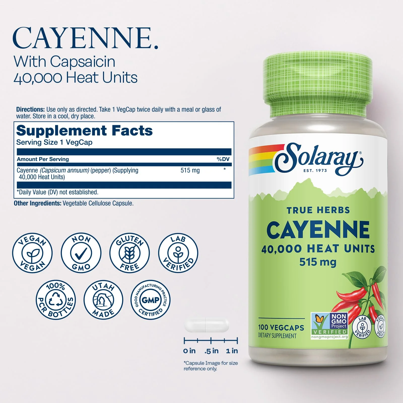Solaray Cayenne 40,000 Heat Units - Cayenne Pepper Capsule Supplement for Women & Men, 515 mg per Capsule, Capsaicin Supplements, Health and Wellness Support - 100 Ct Veg Caps - Image 2