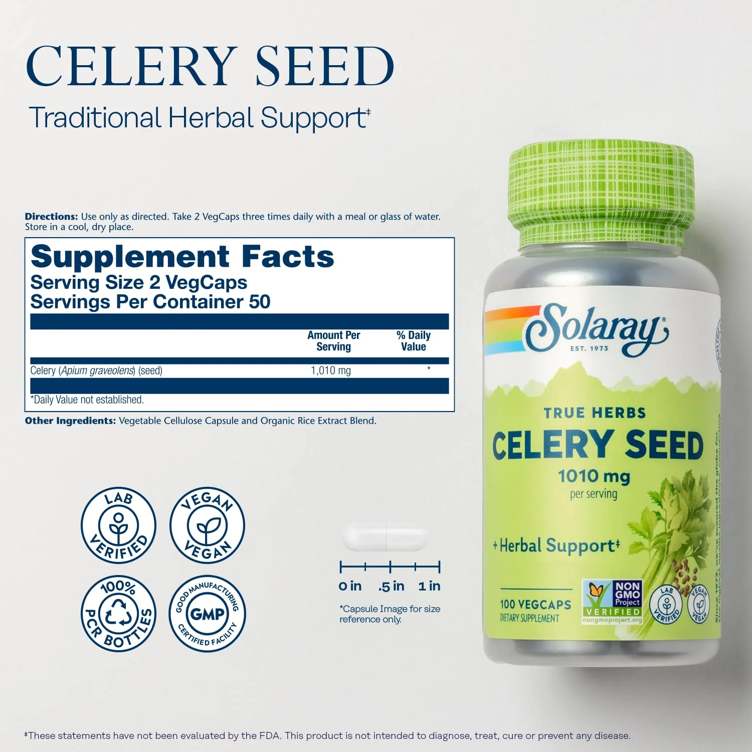 Solaray Celery Seed, 505mg, 100 Vegetarian Capsules - Image 3