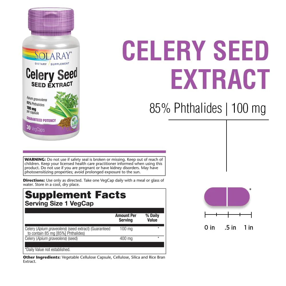 SOLARAY Celery Seed Extract Capsules - Overall Health Support for Men & Women, 100 mg, 85% Phthalides, Non-GMO, Vegan - 30 Count VegCaps - Image 3