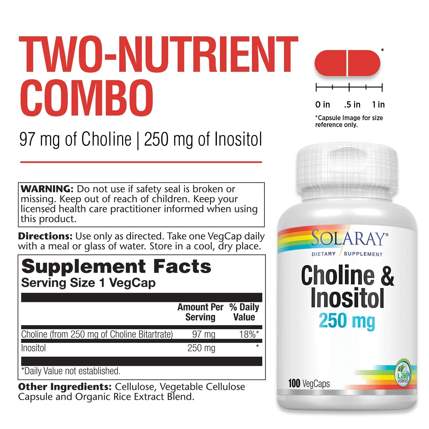 SOLARAY Choline & Inositol 250 mg | Two-Nutrient Combo for Healthy Fat Metabolism, Brain Function Support | 100 VegCaps - Image 3