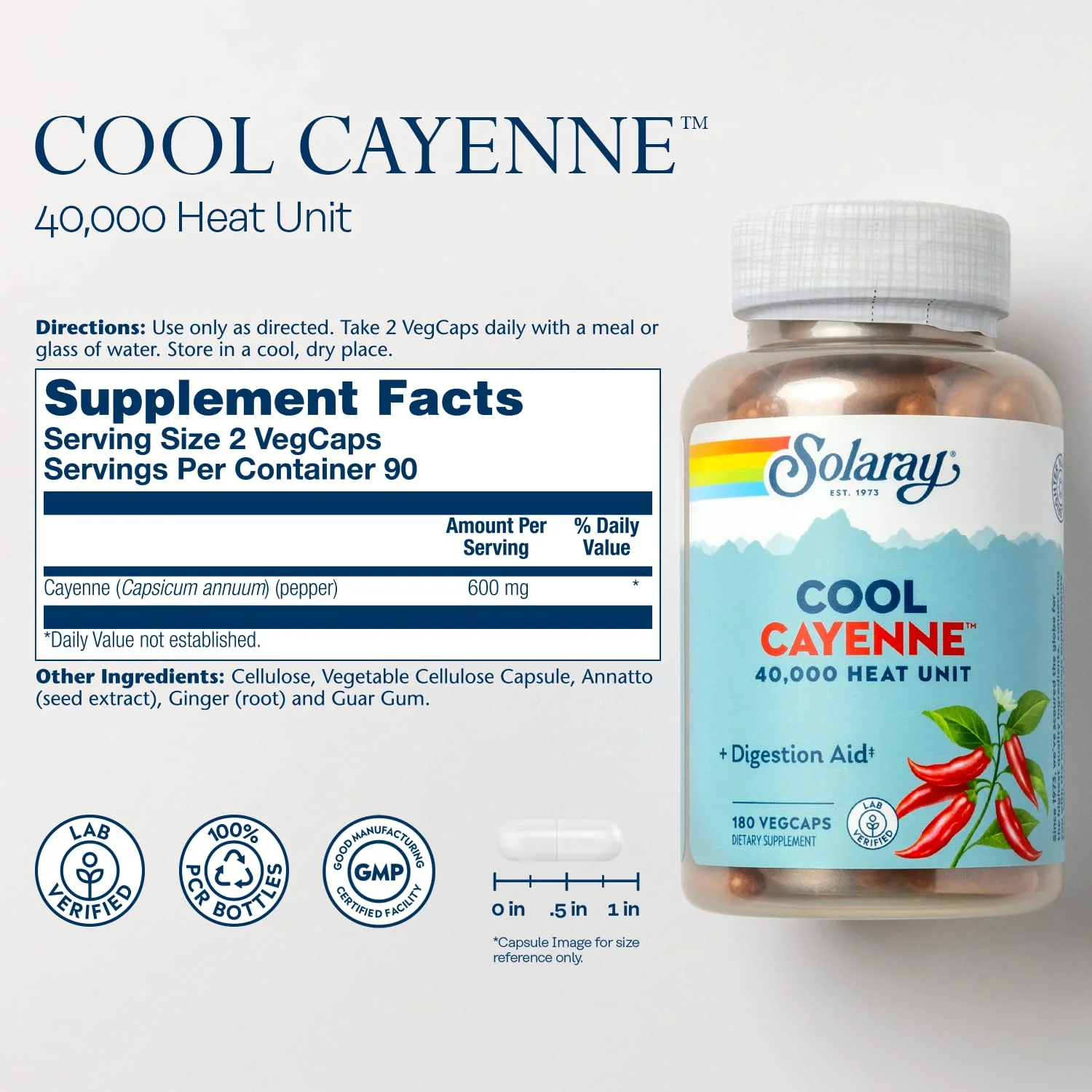 SOLARAY Cool Cayenne Pepper 40,000 HU, Cayenne Pepper Capsules, Digestion Aid, Bio-Cool Process, Lab Verified, 60-Day Money-Back Guarantee, 90 Servings, 180 VegCaps - Image 2