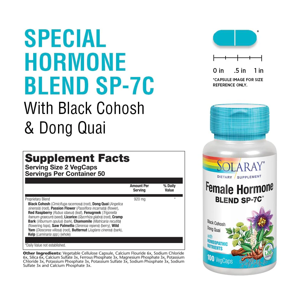 SOLARAY Female Hormone Blend SP-7C | W/Black Cohosh, Dong Quai, Passion Flower, Wild Yam & More | 100 VegCaps, 50 Serv. - Image 3