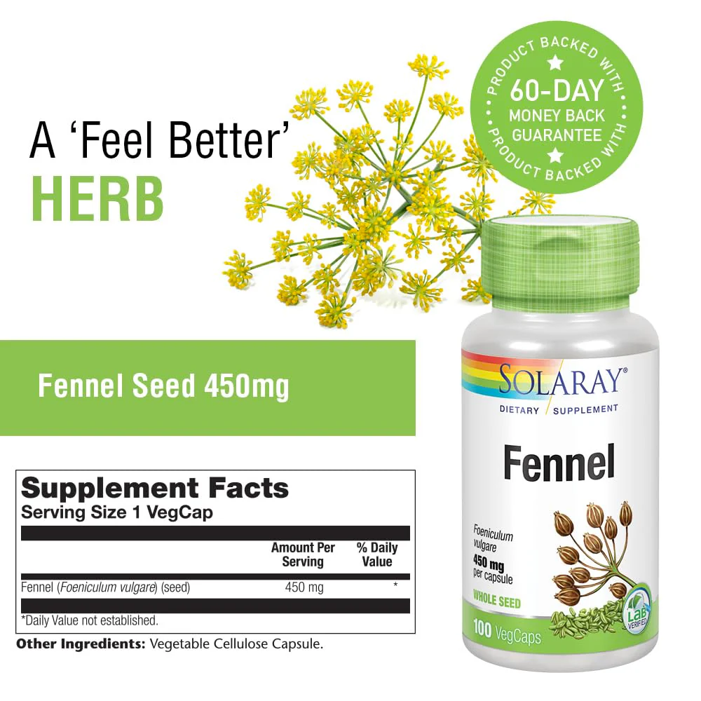 SOLARAY Fennel Seed 450mg | May Help Support Healthy Digestion, Fresh Breath, Respiratory Function | Non-GMO | Vegan | Lab Verified | 100 VegCaps - Image 2
