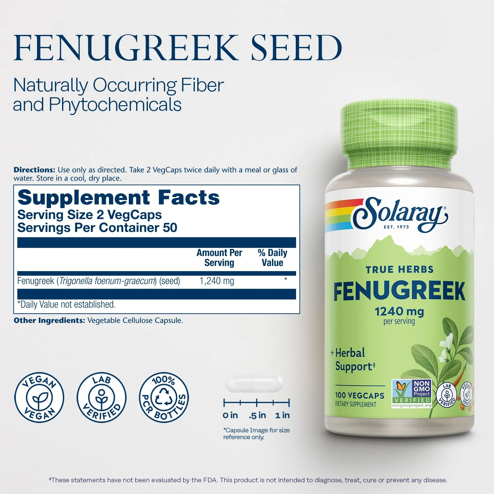 SOLARAY Fenugreek Seed 1240 mg, Healthy Digestion Support and More, Vegan and Lab Verified for Quality, 50 Servings, 100 VegCaps - Image 6