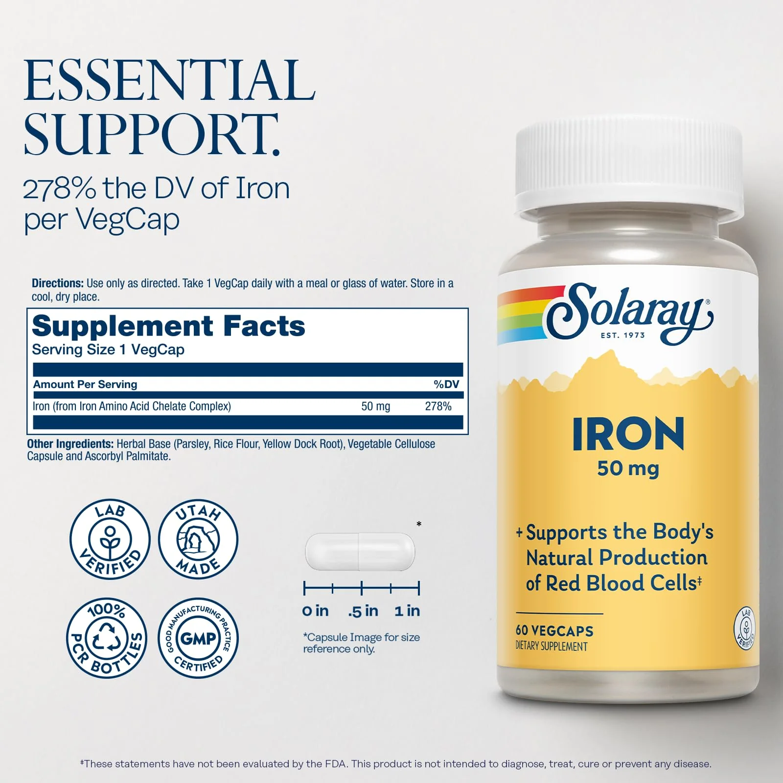 SOLARAY Iron Capsules 50mg - Iron Supplement for Women and Men w/Parsley and Yellow Dock Root, Supports Body's Natural Production of Red Blood Cells, 60-Day Guarantee, 60 Servings - Image 2