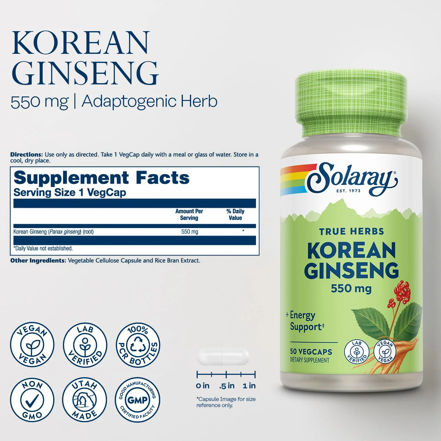 SOLARAY Korean Ginseng 550 mg - Ginseng Root - Stress, Physical Endurance and Energy Supplements - Non-GMO, Vegan, Lab Verified - 50 Servings, 50 VegCaps - Image 2
