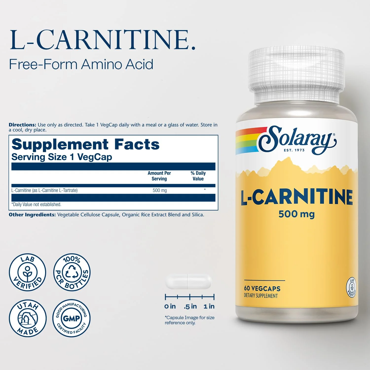SOLARAY L-Carnitine 500 mg, Free Form Amino Acid, Lab Verified, GMP Facility, 60-Day Money-Back Guarantee, 60 Servings, 60 VegCaps - Image 2