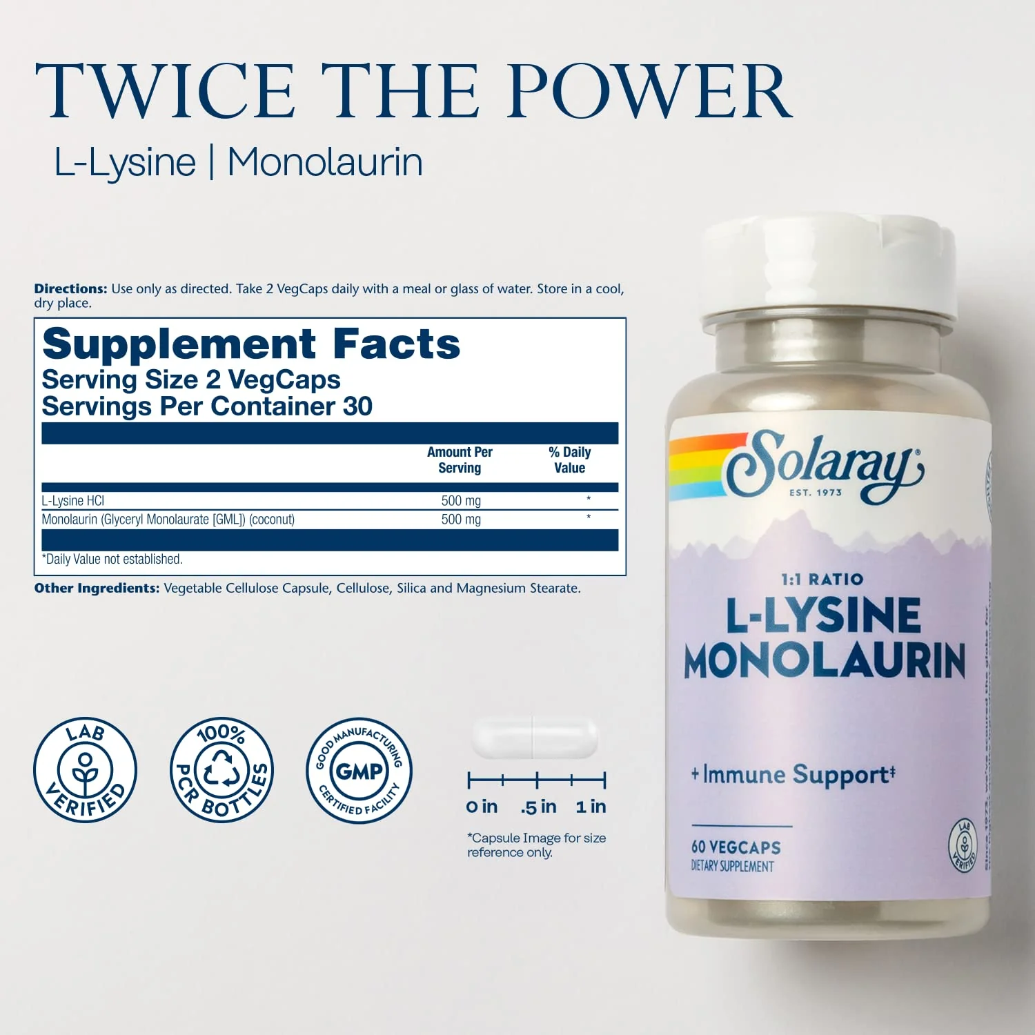 SOLARAY L-Lysine Monolaurin Immune Support Supplement, 1:1 Ratio for Immune System Function, 500 mg Each, 60-Day Money Back Guarantee, 30 Servings, 60 VegCaps - Image 2