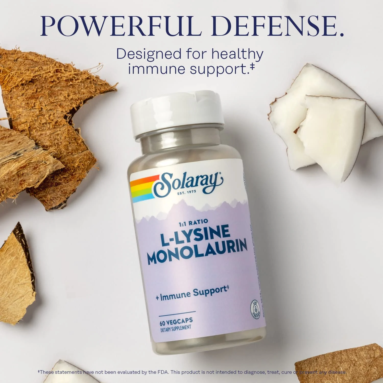 SOLARAY L-Lysine Monolaurin Immune Support Supplement, 1:1 Ratio for Immune System Function, 500 mg Each, 60-Day Money Back Guarantee, 30 Servings, 60 VegCaps - Image 3