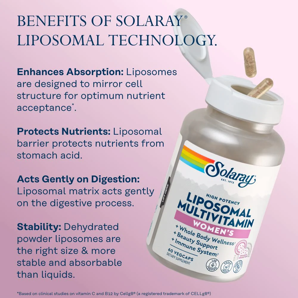 SOLARAY Liposomal Multivitamin for Women, Enhanced Absorption, High Potency w/Iron, Vitamin D, Vitamin C, B12, Biotin, CoQ10, Immune Support, Bone Health, Vegan, 60 Servings, 120 VegCaps - Image 4