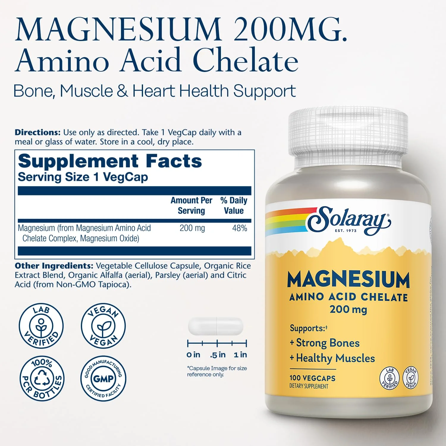 Solaray Magnesium Amino Acid Chelate 200 mg, Chelated Magnesium Supplement for Bone Health, Heart Health and Muscle Function Support, Vegan, 60-Day Money Back Guarantee, 100 Servings, 100 VegCaps - Image 2