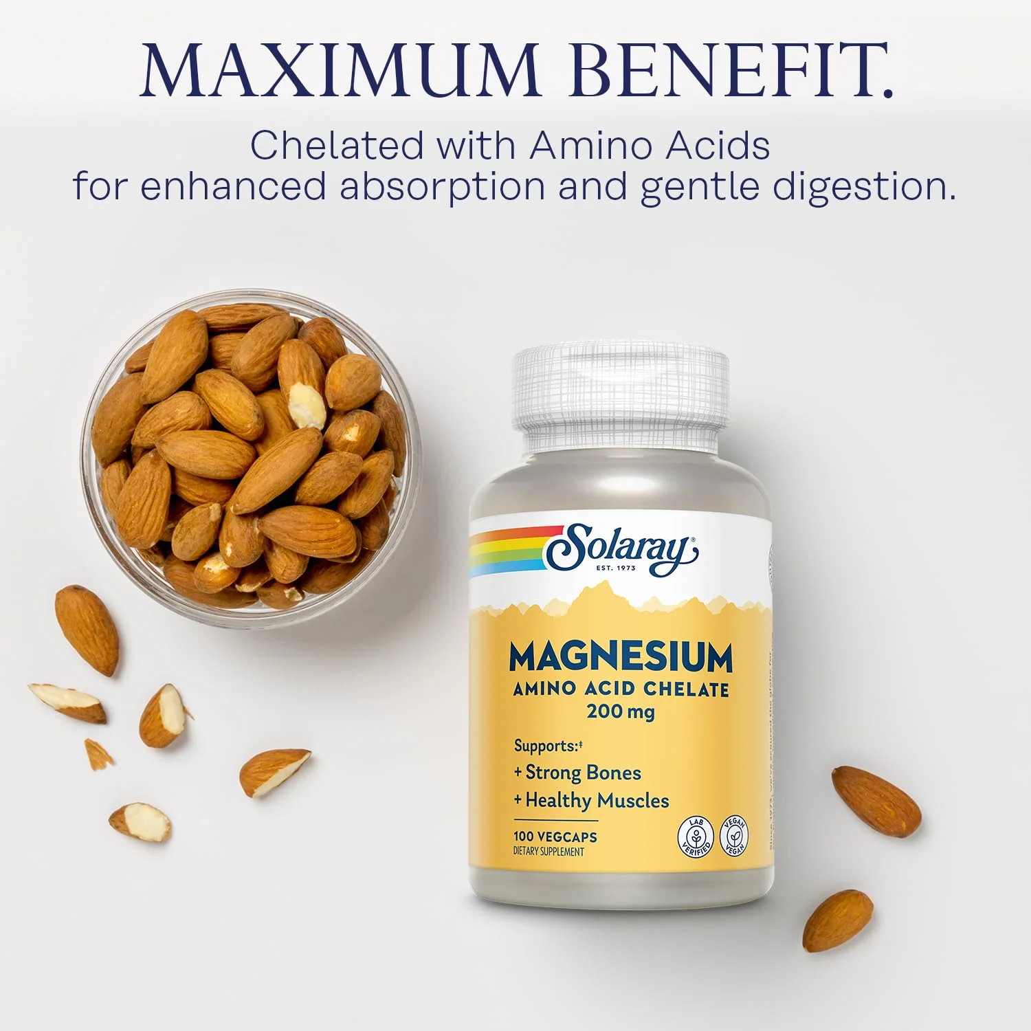 Solaray Magnesium Amino Acid Chelate 200 mg, Chelated Magnesium Supplement for Bone Health, Heart Health and Muscle Function Support, Vegan, 60-Day Money Back Guarantee, 100 Servings, 100 VegCaps - Image 3