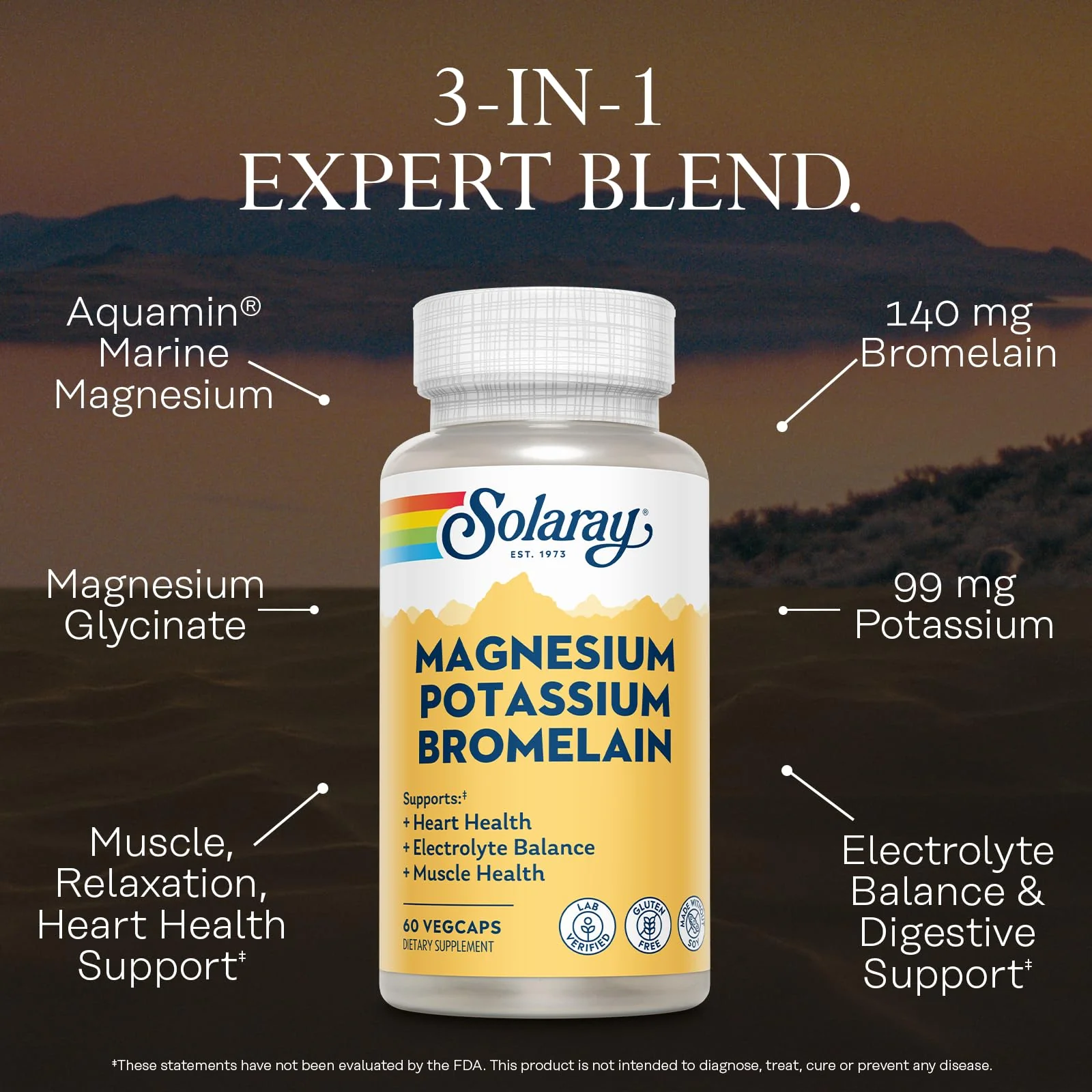 Solaray Magnesium and Potassium with Bromelain, Magnesium Potassium Supplement for Heart Health, Electrolyte, and Muscle Support - Gluten Free & Lab Verified - 30 Servings, 60 VegCaps - Image 3