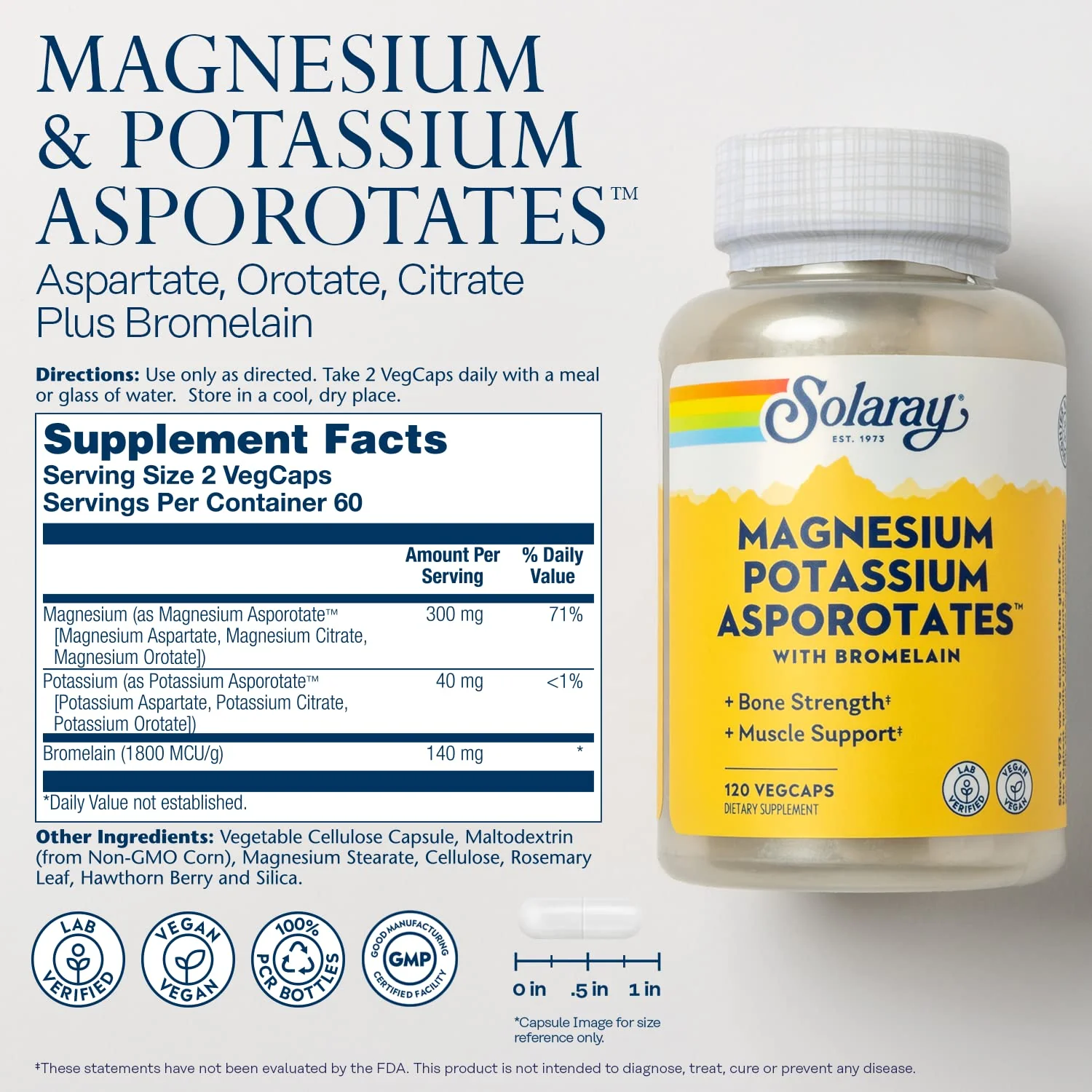 Solaray Magnesium and Potassium with Bromelain, Magnesium Potassium Supplement for Heart Health, Electrolyte, and Muscle Support - Gluten Free & Lab Verified - 60 Servings, 120 VegCaps - Image 2
