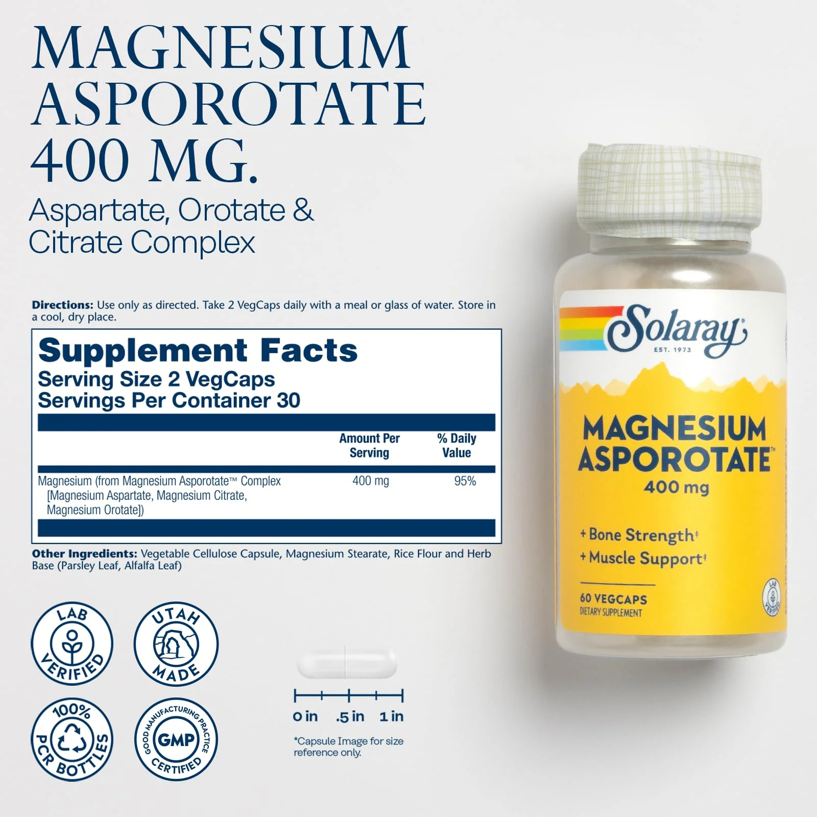 Solaray Magnesium Asporotate 400 mg, Aspartate, Orotate & Citrate Complex, Healthy Heart, Muscle, Nerve & Circulatory Function Support 180ct (60 CT) - Image 2