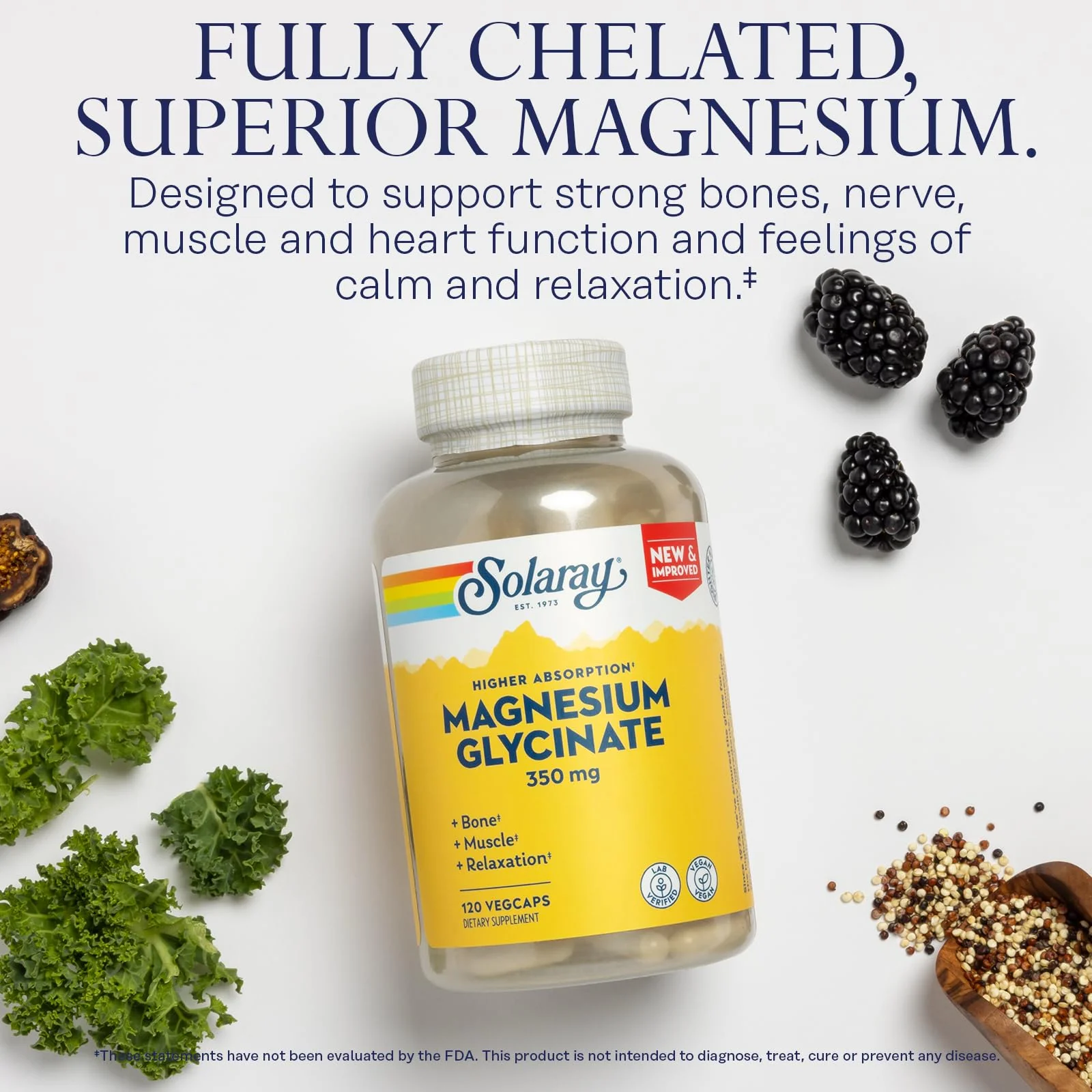 SOLARAY Magnesium Glycinate Capsules, Chelated Magnesium Bisglycinate w/BioPerine, Higher Absorption Magnesium Supplement - Bones, Muscles, Heart Support, Vegan (30 Servings, 120 VegCaps) - Image 6