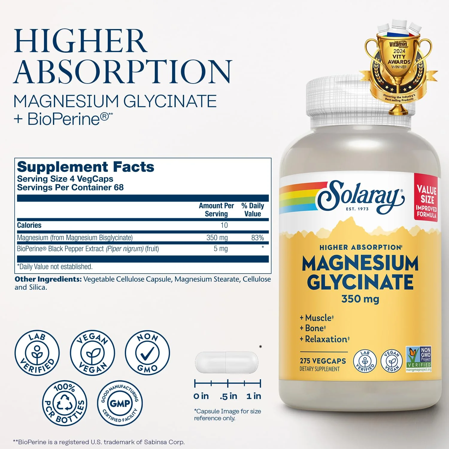 SOLARAY Magnesium Glycinate Capsules, Chelated Magnesium Bisglycinate w/BioPerine, Higher Absorption Magnesium Supplement - Bones, Muscles, Heart Support, Vegan, 68 Servings, 275 VegCaps - Image 6