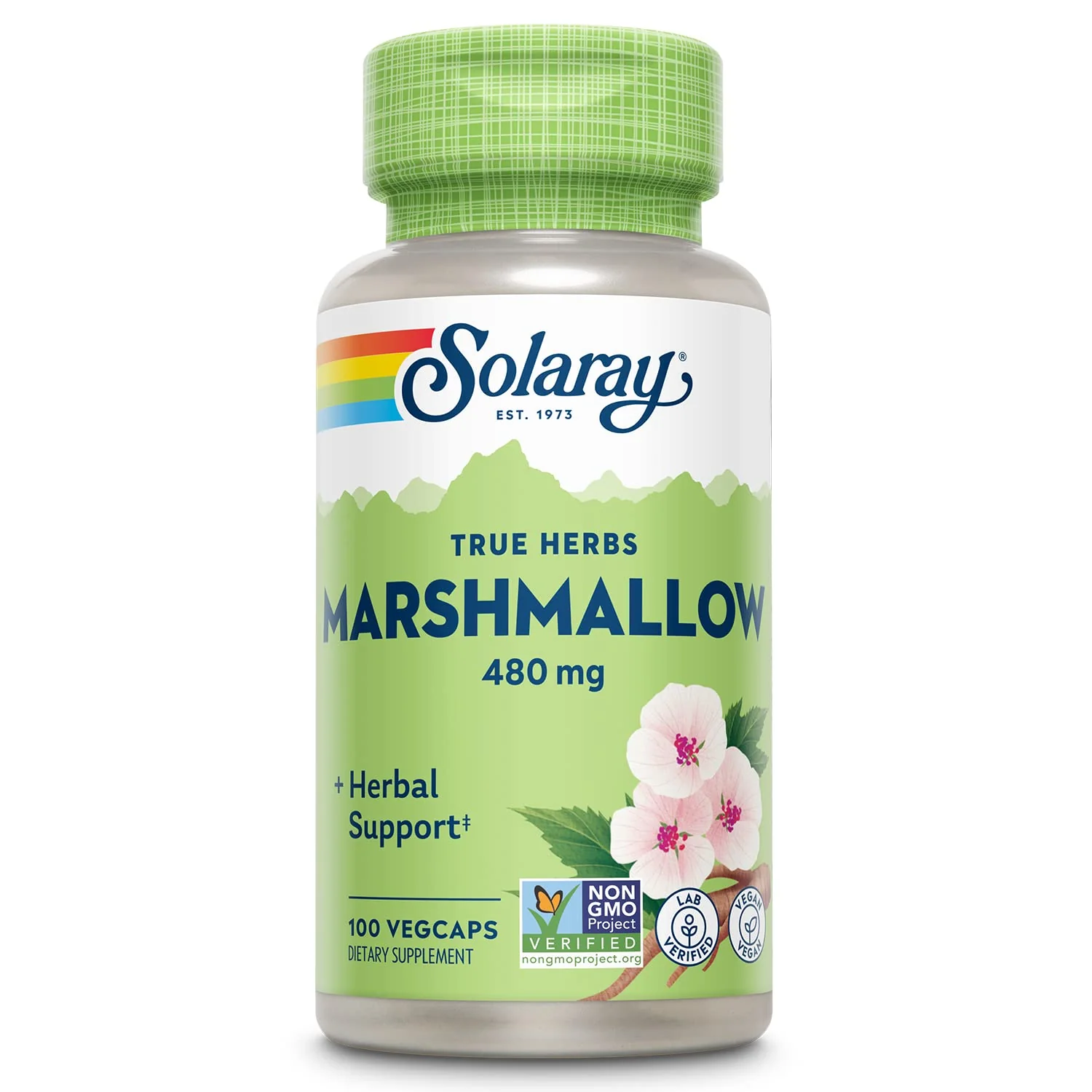 SOLARAY Marshmallow Root Capsules 480 mg - Soothing Herbal Support w/Whole Marshmallow Root - High in Mucilage Soluble Fiber, Vegan, Non-GMO, Lab Verified, 60-Day Guarantee, 100 Servings, 100 VegCaps