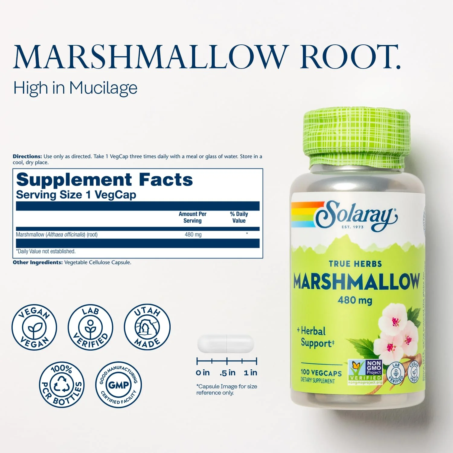 SOLARAY Marshmallow Root Capsules 480 mg - Soothing Herbal Support w/Whole Marshmallow Root - High in Mucilage Soluble Fiber, Vegan, Non-GMO, Lab Verified, 60-Day Guarantee, 100 Servings, 100 VegCaps - Image 2