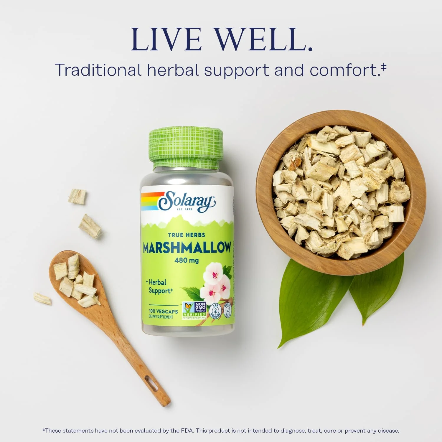 SOLARAY Marshmallow Root Capsules 480 mg - Soothing Herbal Support w/Whole Marshmallow Root - High in Mucilage Soluble Fiber, Vegan, Non-GMO, Lab Verified, 60-Day Guarantee, 100 Servings, 100 VegCaps - Image 3