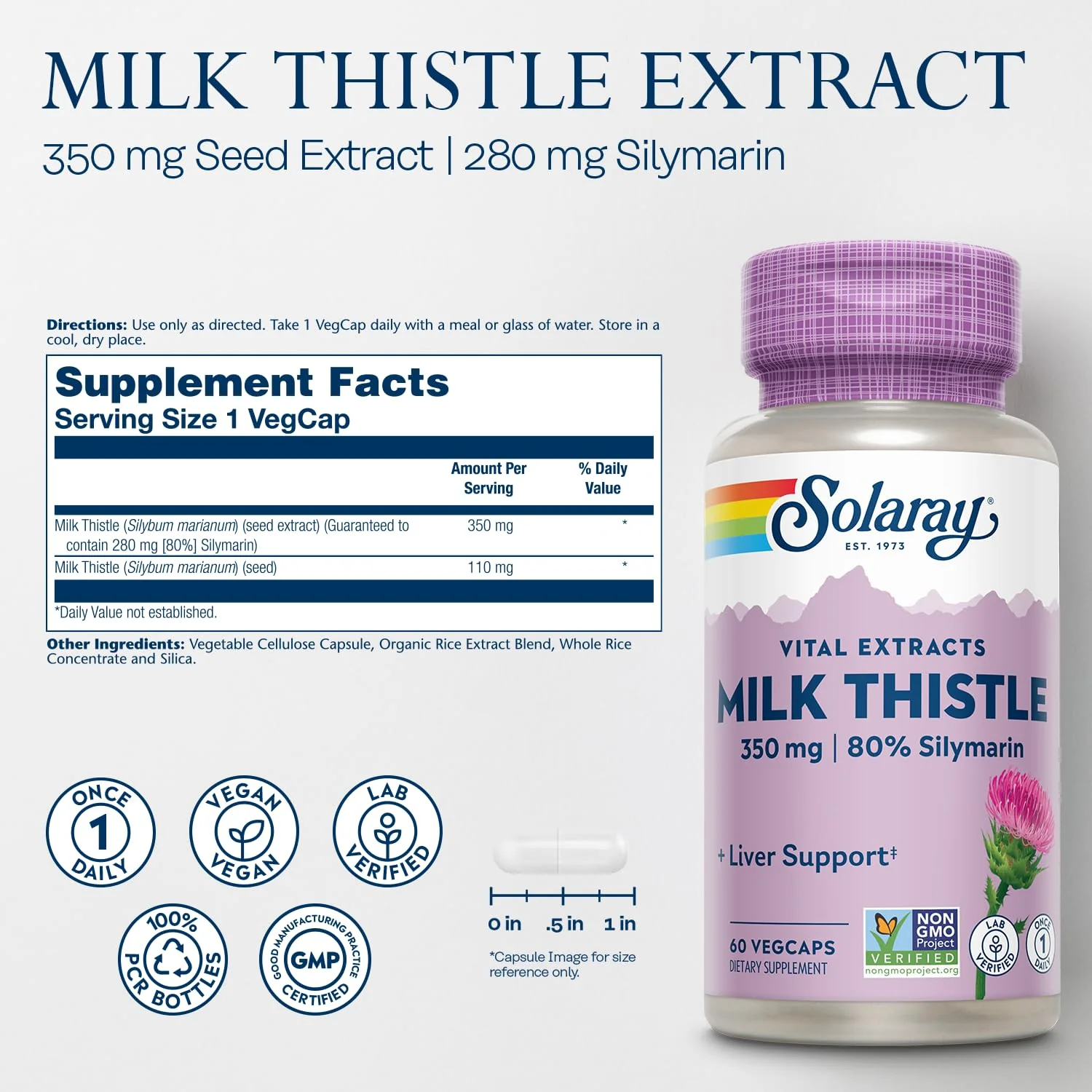 SOLARAY Milk Thistle Seed Extract 350 mg Guaranteed to Contain 80% Silymarin, Traditional Liver Support, Vegan & Lab Verified for Quality, 60 Day Money-Back Guarantee, 60 Servings, 60 VegCaps - Image 2