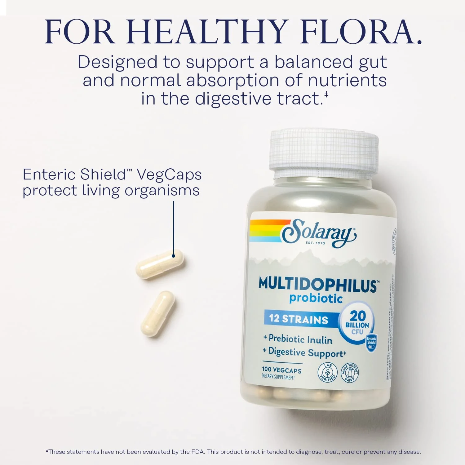 Solaray Multidophilus 12 Strain Probiotic 20 Billion CFU, Probiotics for Digestive Health for Women and Men, Daily Gut Health Support Complex with Prebiotic Inulin, No Dairy - 100 VegCaps - Image 3