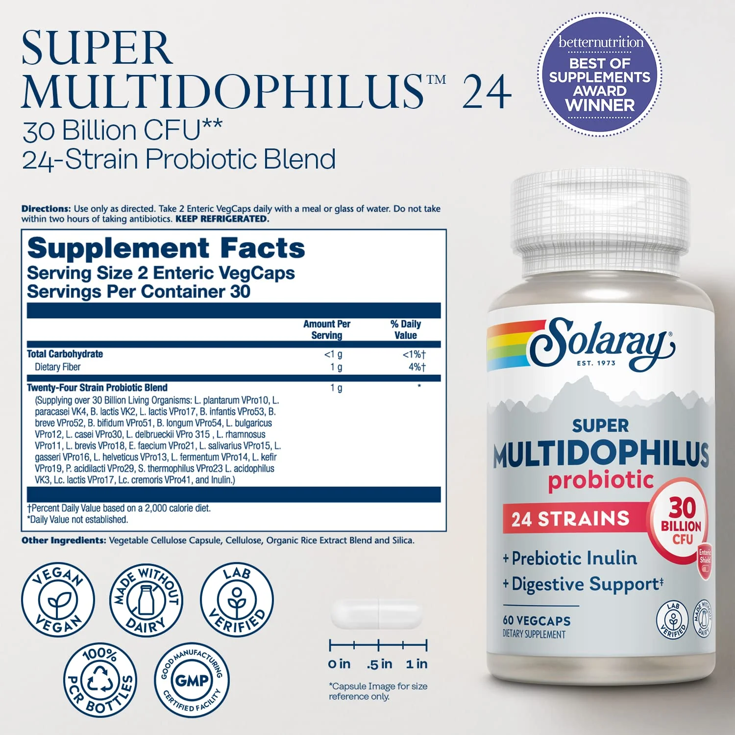 SOLARAY Multidophilus 24 Strain Probiotic 30 Billion CFU, Probiotics for Digestive Health for Women and Men, Daily Gut Health Support Complex with Prebiotic Inulin, No Dairy 60 VegCaps - Image 3