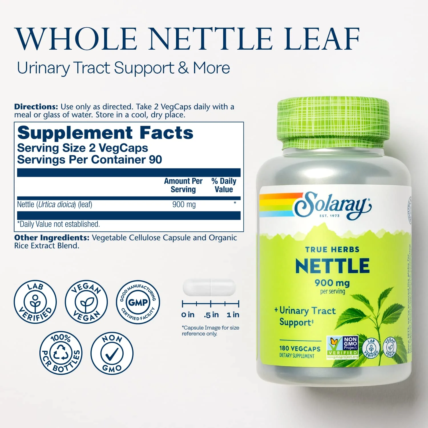 SOLARAY Nettle Leaf 450mg Healthy Kidney, Urinary & Prostate Support Traditional Use for Healthy Allergy Response & Respiratory Wellness 180 CT - Image 2