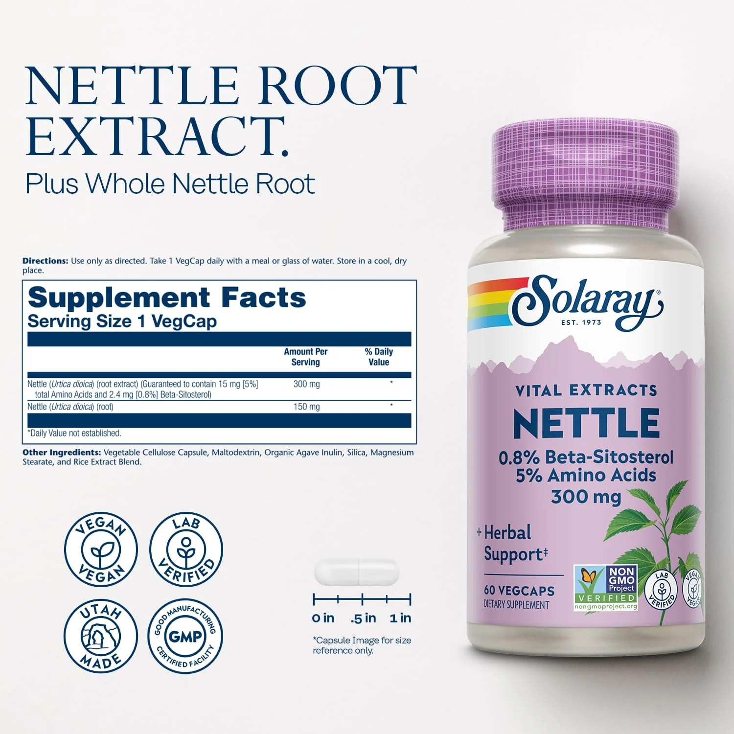 SOLARAY Nettle Root Extract 300 mg with Nettle Root 150 mg, Healthy Urinary & Prostate Support for Men with Amino Acids and Beta-Sitosterol, Vegan, 60-Day Guarantee, 60 Servings, 60 VegCaps - Image 2