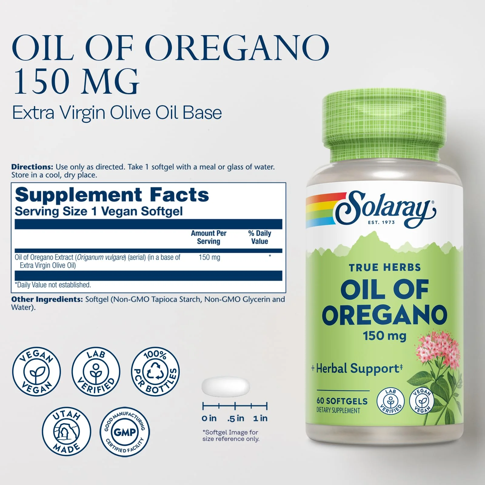 Solaray Oil of Oregano Softgels - Oregano Oil Capsules with Carvacrol, Pure Extract, Extra Strength Formula, 150 mg Per Capsule - 60 Vegan Softgels - Image 2