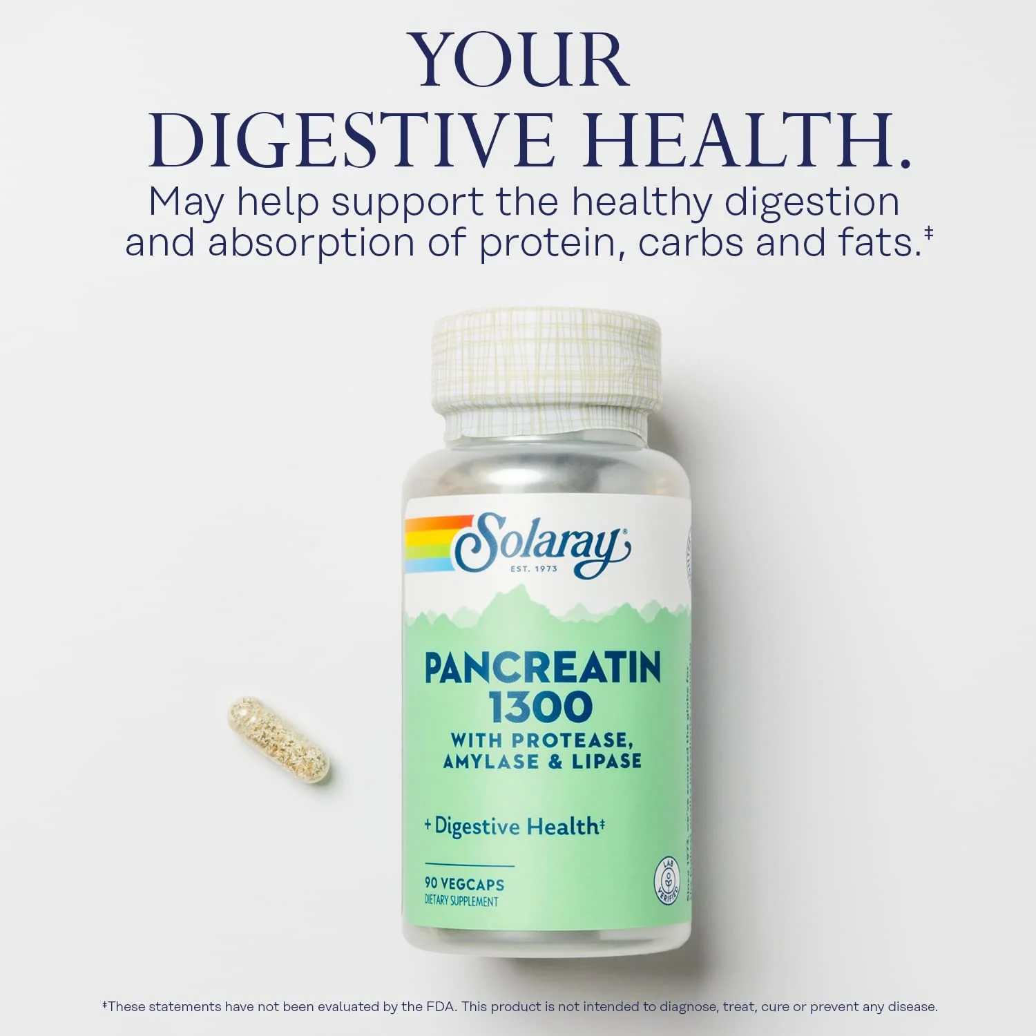 SOLARAY Pancreatin 1300, Pancreatic Digestive Enzymes with Protease, Amylase and Lipase, Plus Papain - Digestion Health Support, Lab Verified, 60 Day Guarantee, 90 Servings, 90 VegCaps - Image 3
