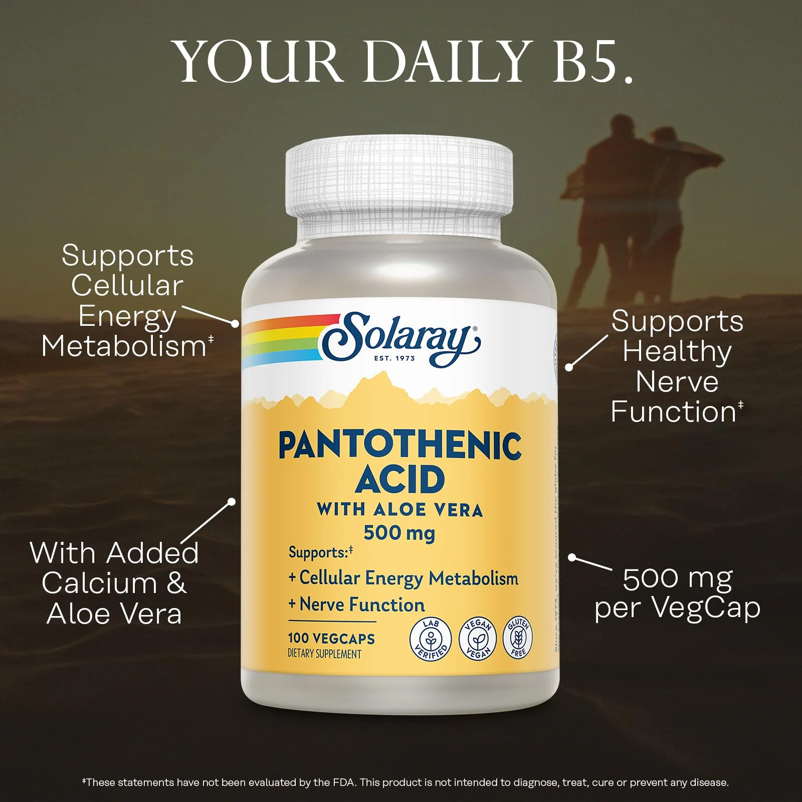 SOLARAY Pantothenic Acid 500mg - Pantothenic Acid Supplement (Vitamin B5) - Essential B Complex Vitamin - Nervous System and Cellular Energy Support - Vegan, Gluten Free, 60-Day Guaratee, 100 Servings - Image 3