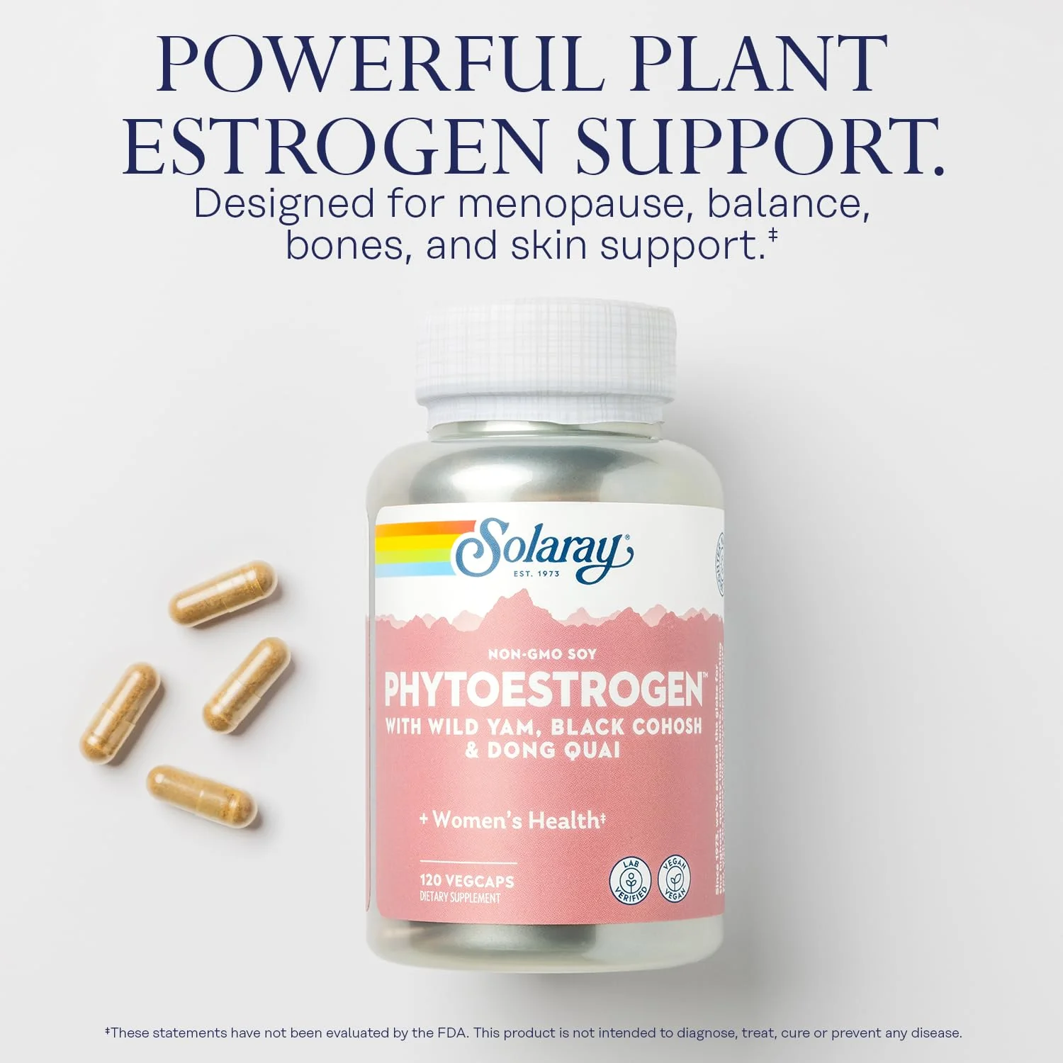 SOLARAY PhytoEstrogen Menopause Supplements - Wild Yam, Black Cohosh, and Dong Quai Estrogen Pills for Women's Health - Vegan, Lab Verified, 60-Day Guarantee (30 Servings, 120 VegCaps) - Image 5