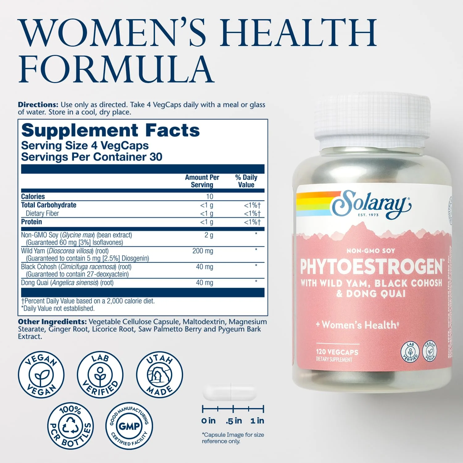 SOLARAY PhytoEstrogen Menopause Supplements - Wild Yam, Black Cohosh, and Dong Quai Estrogen Pills for Women's Health - Vegan, Lab Verified, 60-Day Guarantee (30 Servings, 120 VegCaps) - Image 6