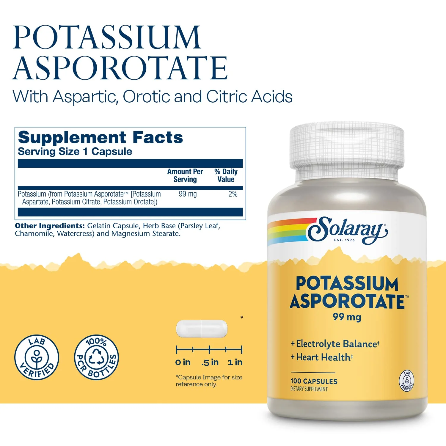Solaray Potassium Asporotate Chelated Supplement, Electrolyte Balance & Heart Health Support, 100 Servings, 100 Capsules - Image 2