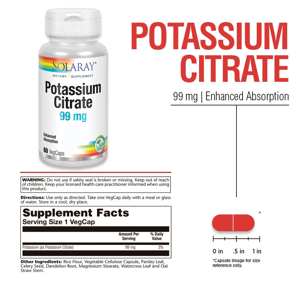 Solaray Potassium Citrate, Healthy Electrolyte Balance, Nerve & Muscle Function Support, Vegan, 60 VegCaps - Image 2