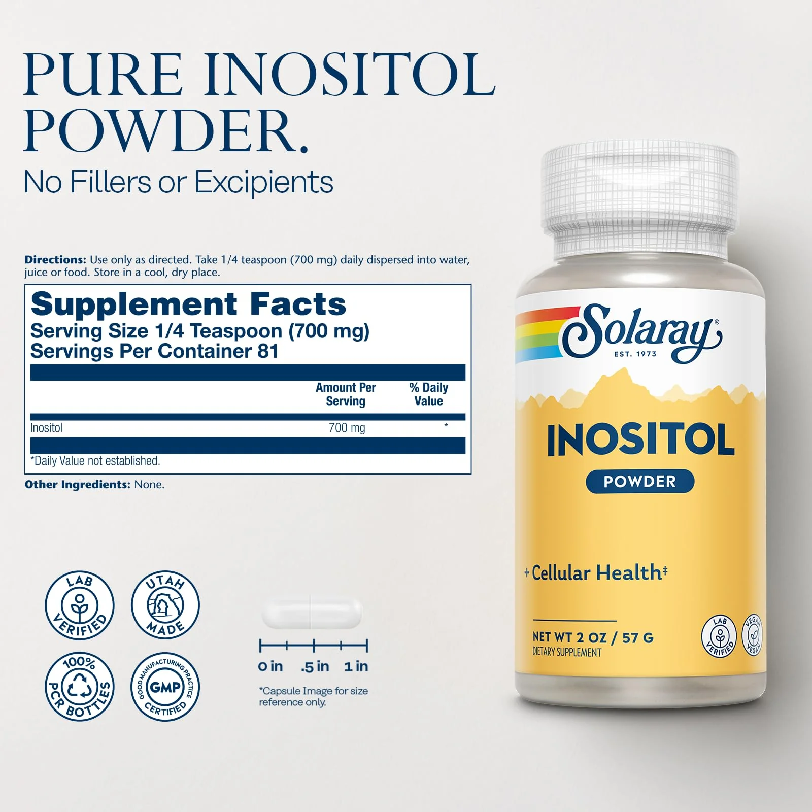 SOLARAY Pure Inositol Powder - Cellular Health Support - Vegan, Lab Verified - 163 Servings, 4 OZ (2oz, 81 Serv.) - Image 2