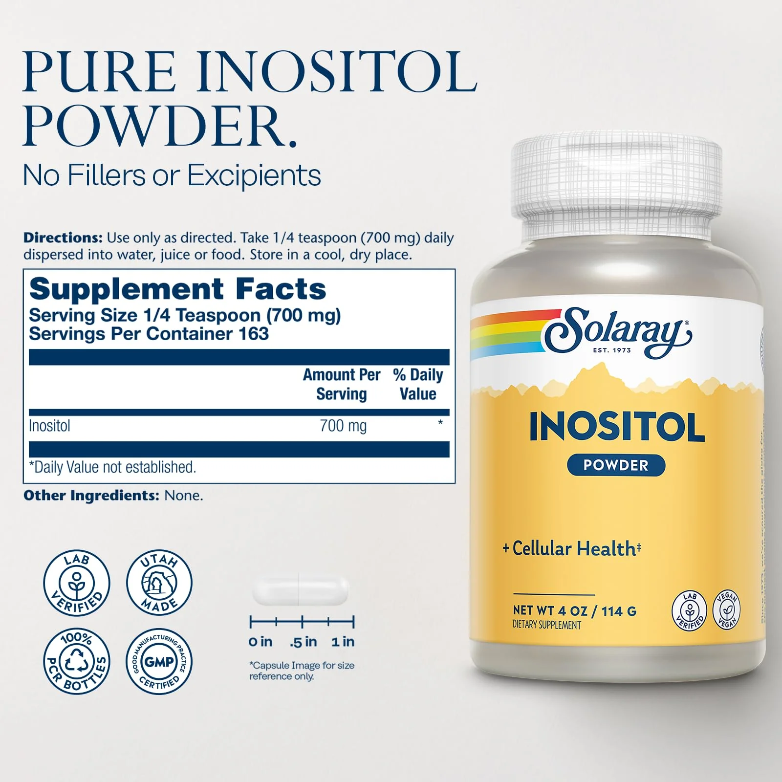 SOLARAY Pure Inositol Powder - Cellular Health Support - Vegan, Lab Verified - 163 Servings, 4 OZ (4oz, 162 Serv.) - Image 2