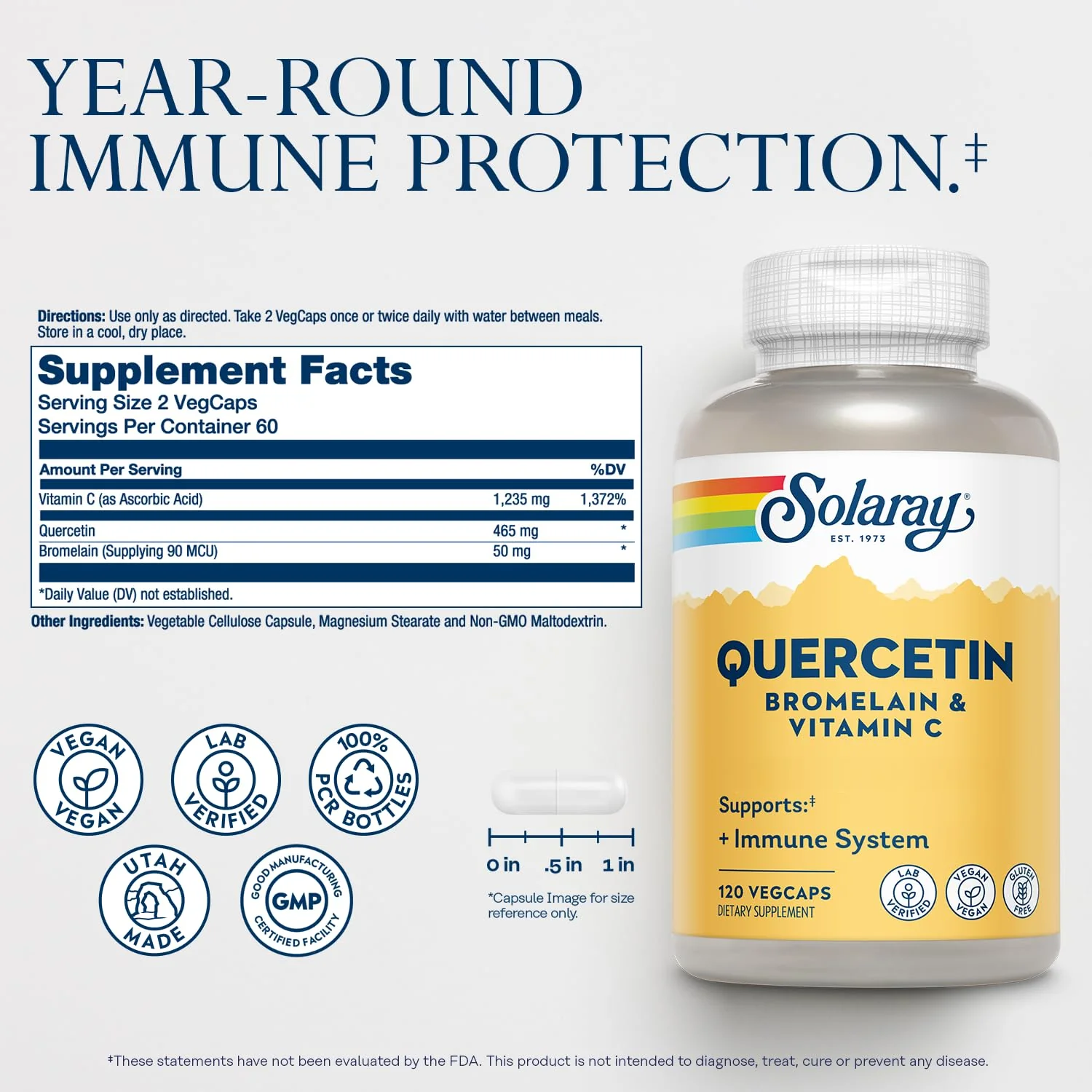 SOLARAY QBC Plex | Quercetin & Bromelain Plus Vitamin C | Year Round Immune Function & Respiratory Health Support | Non-GMO & Vegan | 120 VegCaps - Image 2