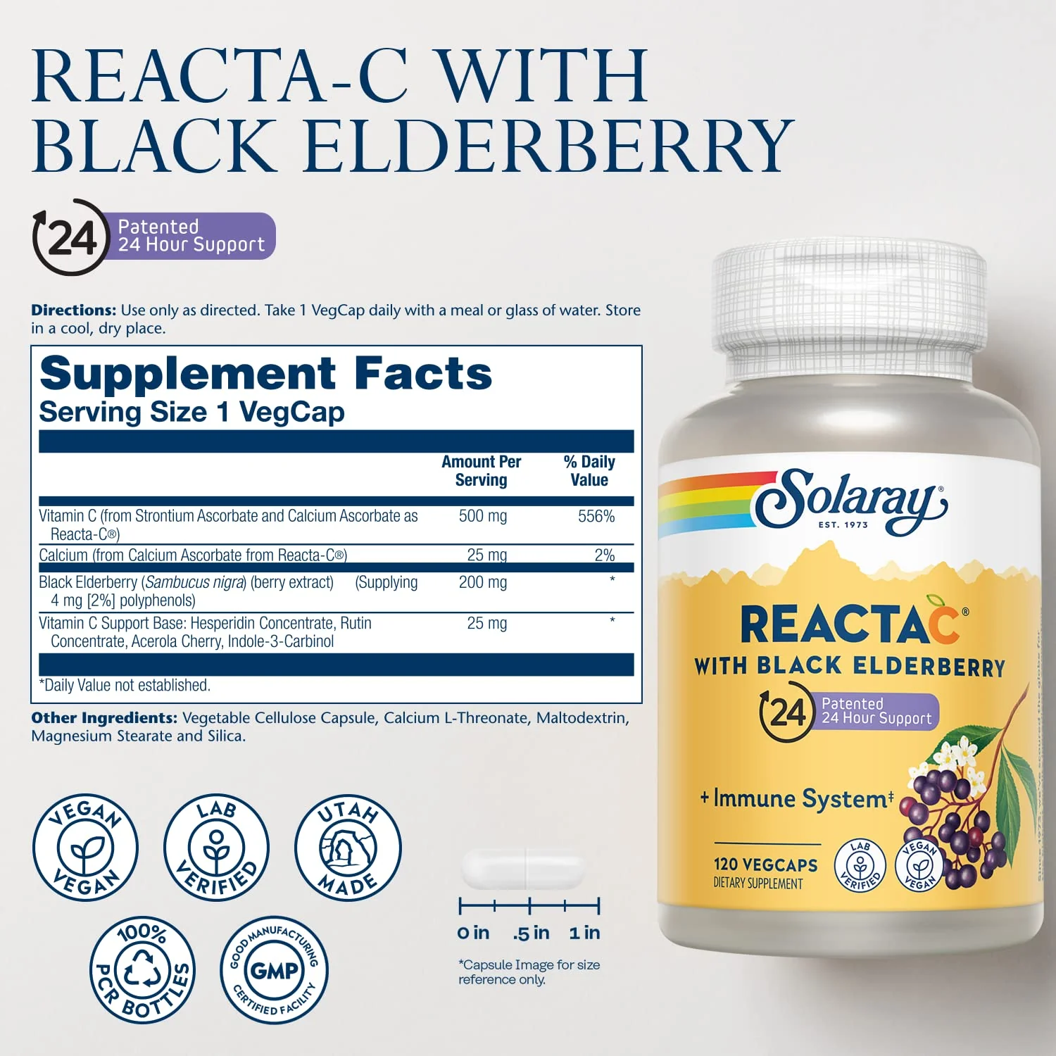SOLARAY Reacta-C + Elderberry 500 mg VCapsules 120 Count - Image 2