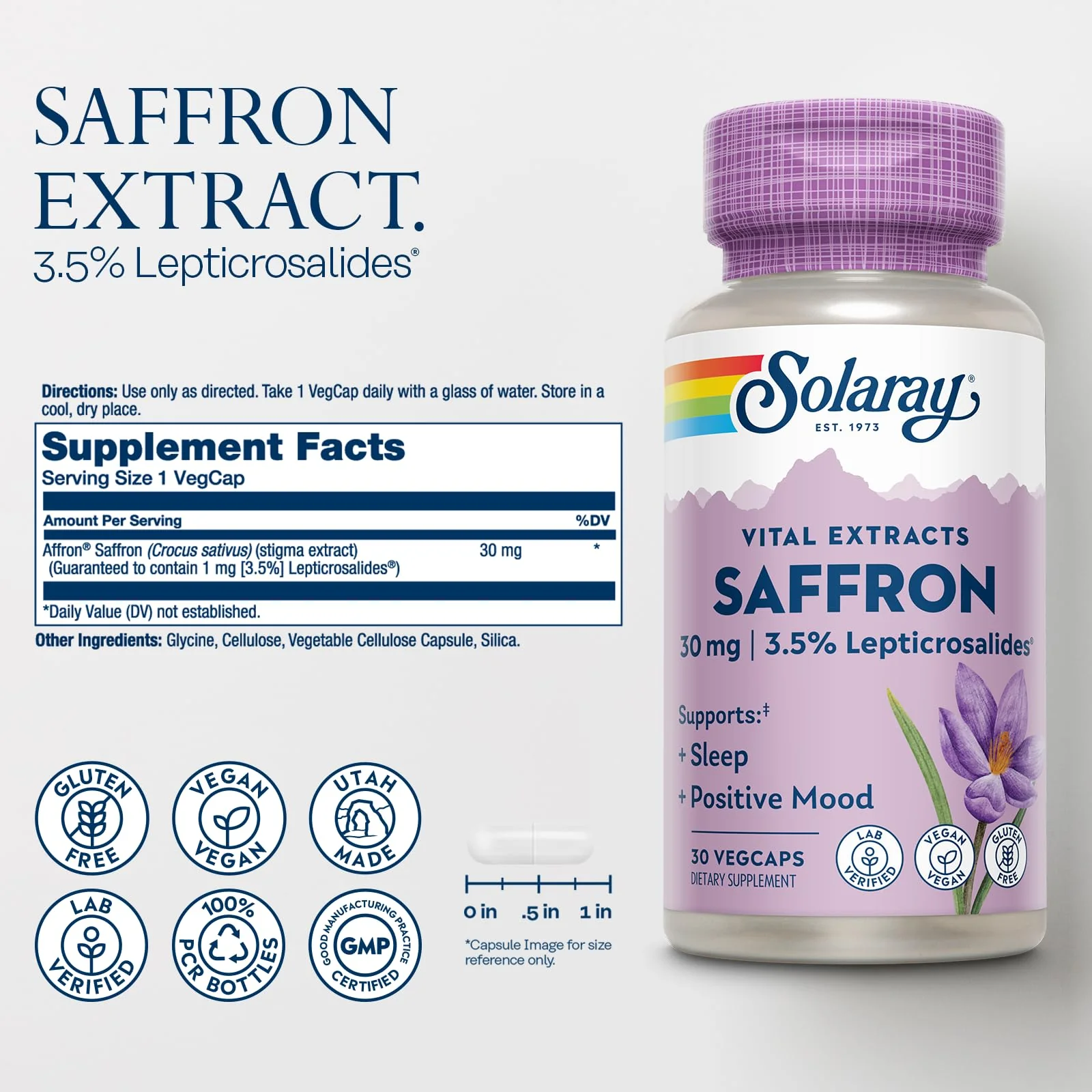 SOLARAY Saffron Extract - Sleep and Positive Mood Support - Vegan and Gluten Free Saffron Supplements - Lab Verified - 60-Day Guarantee - 30 Servings, 30 VegCaps - Image 6