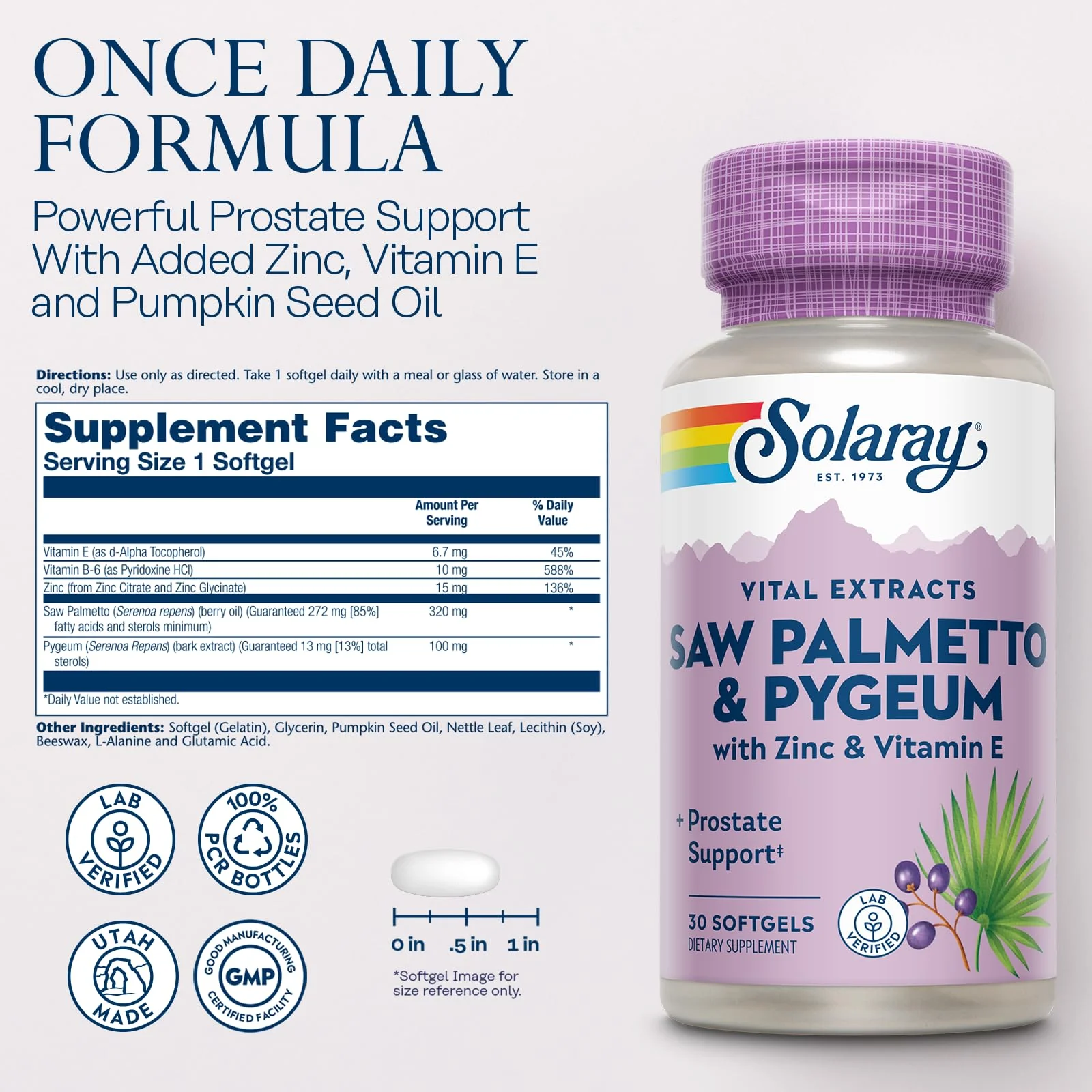 SOLARAY Saw Palmetto and Pygeum - Saw Palmetto for Men w/Pygeum Bark, Zinc, Vitamin E, Pumpkin Seed Oil - Prostate Supplements for Men w/Beta Sitosterol - 60-Day Guarantee - 30 Servings, 30 Softgels - Image 3