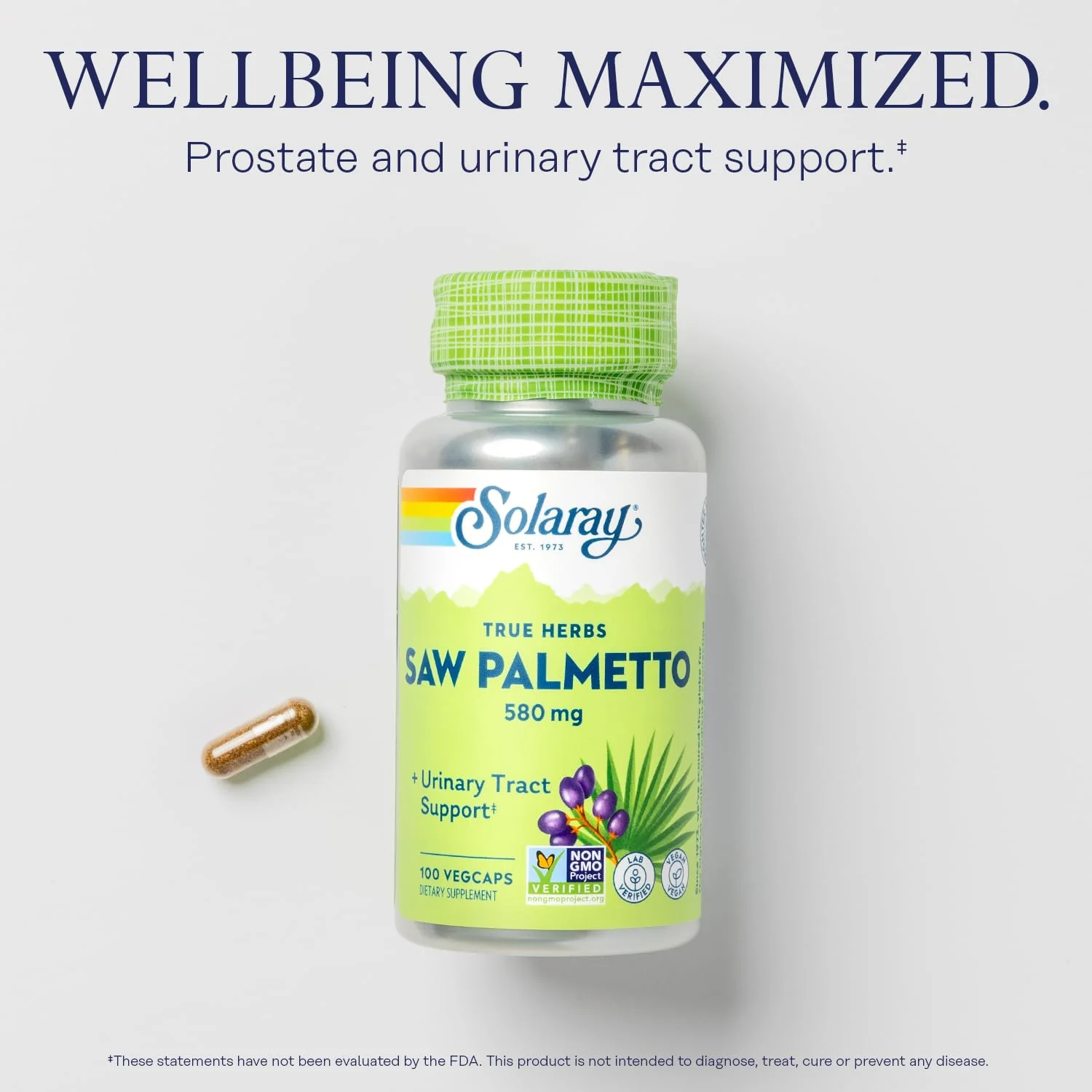 SOLARAY Saw Palmetto Berry 580 mg, Healthy Prostate and Urinary Tract Support from Fatty Acids & Plant Sterols for Men and Women, Non-GMO, Vegan & Lab Verified, 100 VegCaps, 100 Servings - Image 3