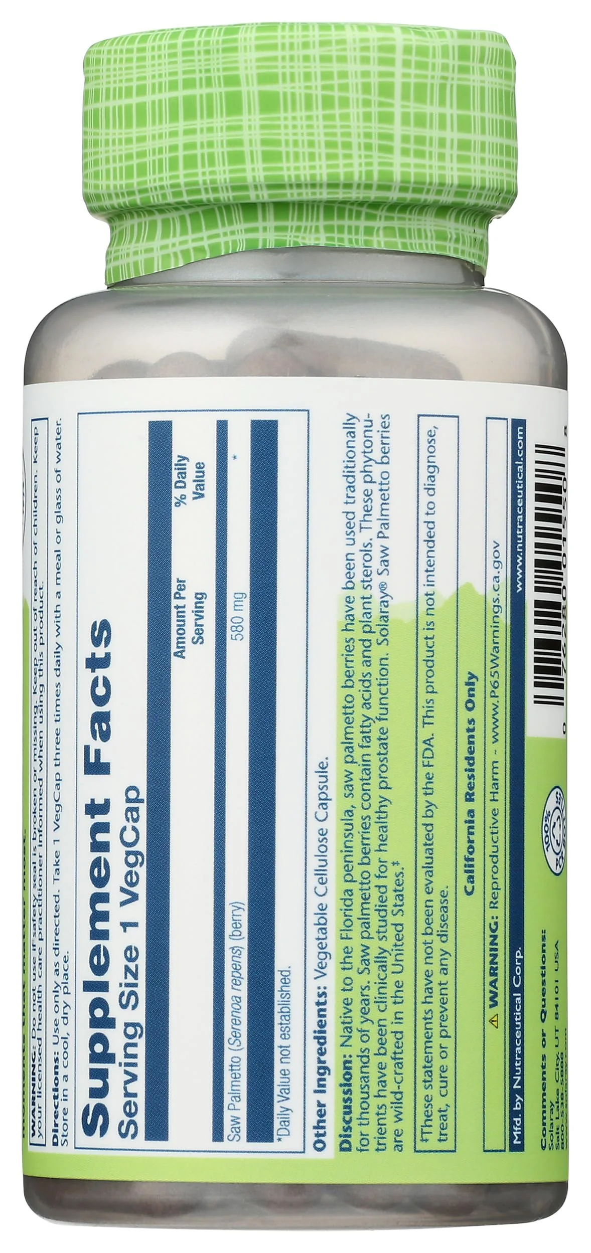 SOLARAY Saw Palmetto Berry 580 mg, Healthy Prostate and Urinary Tract Support from Fatty Acids & Plant Sterols for Men and Women, Non-GMO, Vegan & Lab Verified, 100 VegCaps, 100 Servings - Image 4