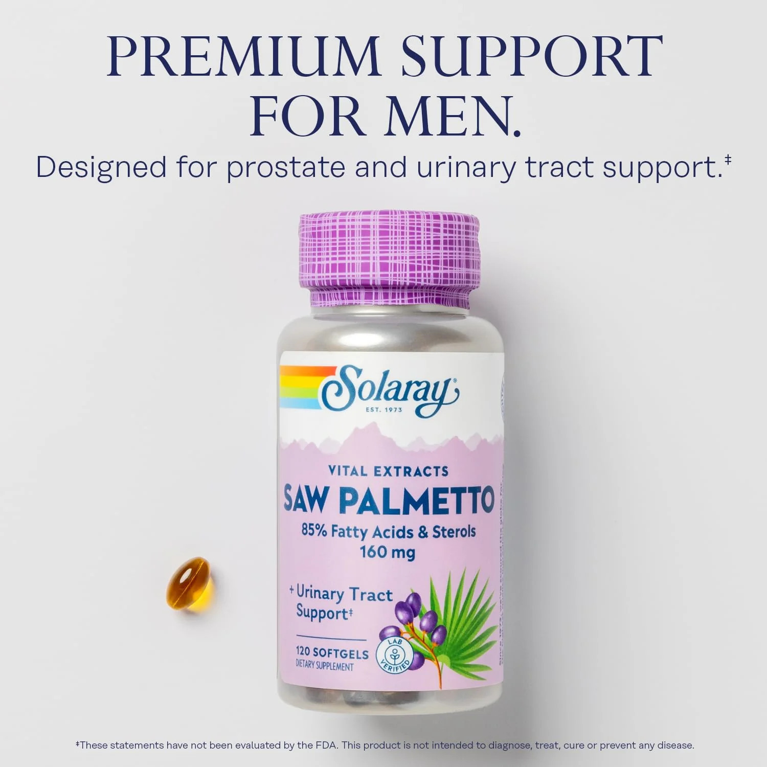 SOLARAY Saw Palmetto Extract - Prostate Health and Urinary Tract Support - 136 mg Fatty Acids and Sterols - Lab Verified, 60-Day Money-Back Guarantee (120 Servings, 120 Softgels) - Image 3