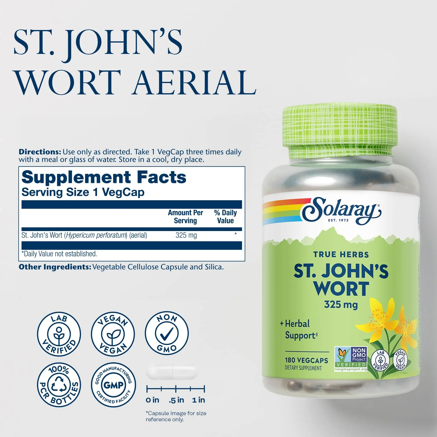 SOLARAY St Johns Wort 325 mg Whole Aerial - Health and Mood Support Supplement - 60-Day Money Back Guarantee - Non-GMO, Vegan, Lab Verified (180 VegCap, 180 Servings) - Image 2