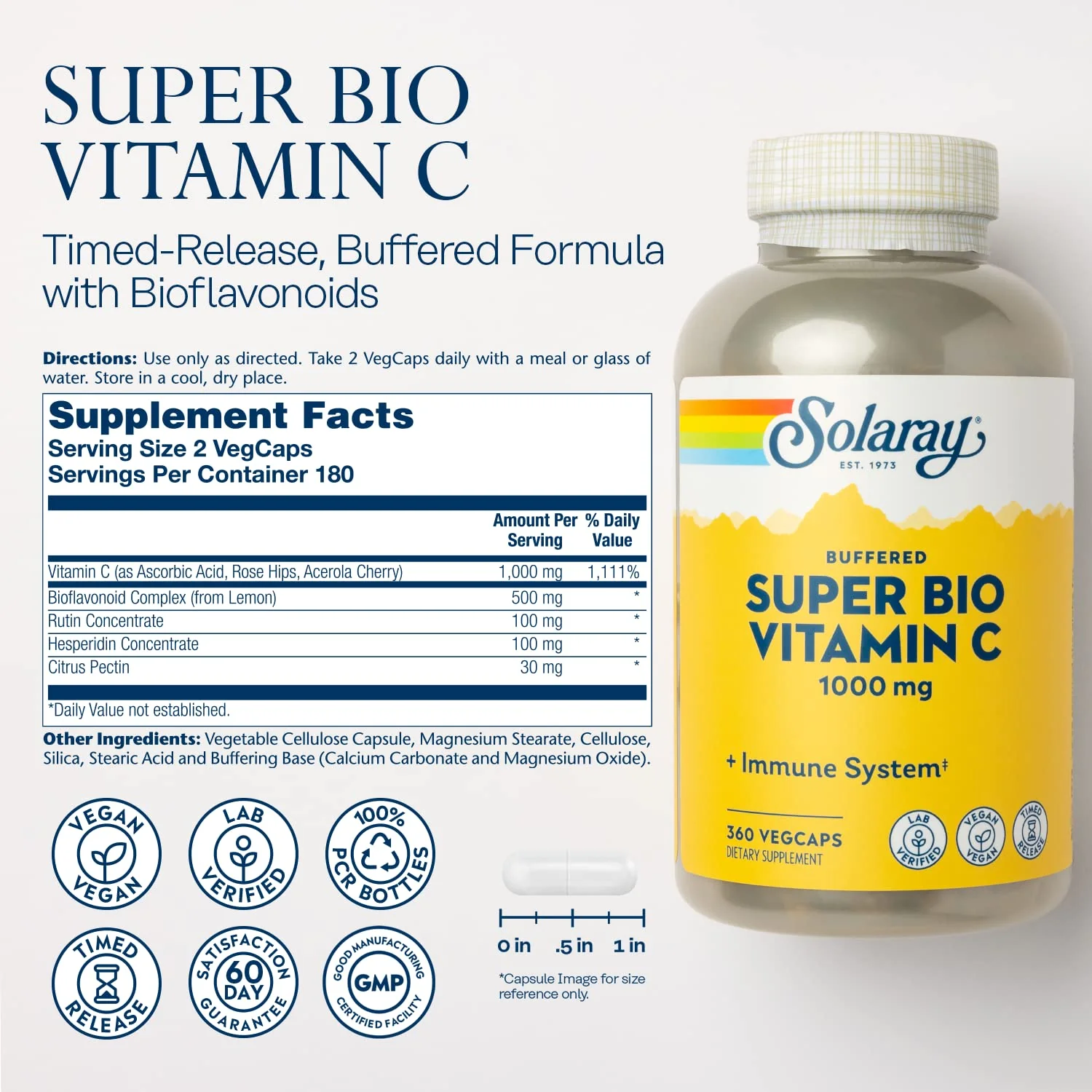 SOLARAY Super Bio Buffered Vitamin C 1000mg â€“ Two-Stage Timed Release with Bioflavonoids â€“ Immune Support â€“ High Absorption, Vegan, 60 Day Guarantee, 180 Servings, 360 VegCaps - Image 2